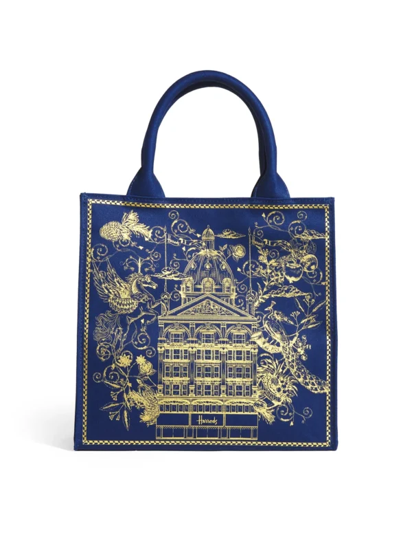 Harrods 金刺繡建築手提包正面照 - 經典英倫建築金色刺繡與純棉材質女包