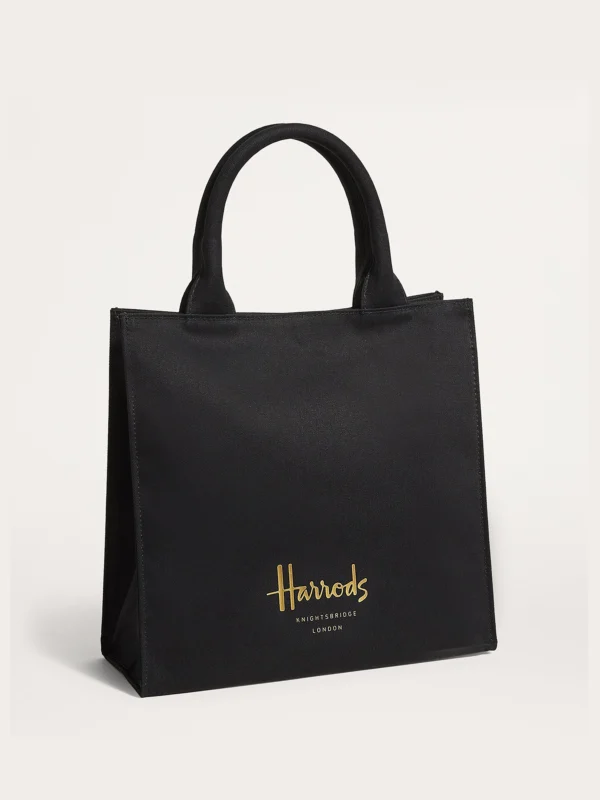 英國 Harrods 燙金Logo純棉手提包 S碼 (經典黑正面)