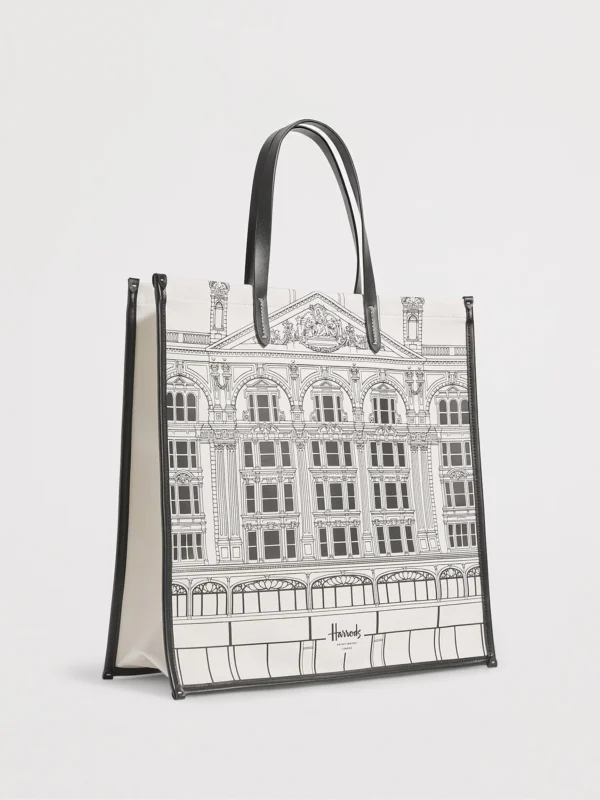 英國代購 Harrods 騎士橋建築帆布皮革手提包正面，白色純棉帆布搭配經典哈洛德百貨圖案