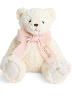 英國 Harrods 哈洛德百貨 粉紅蝴蝶結捲毛熊 絨毛娃娃正面照