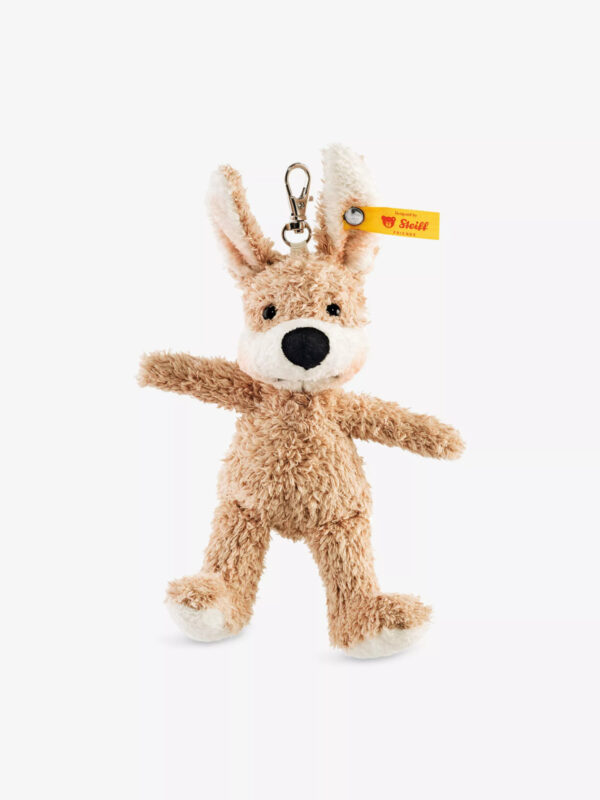 SFAK2530007-84 Steiff 正品紙杯蛋糕先生毛絨兔子鑰匙扣正面,配有經典鍍銀耳釦與銀色金屬掛環