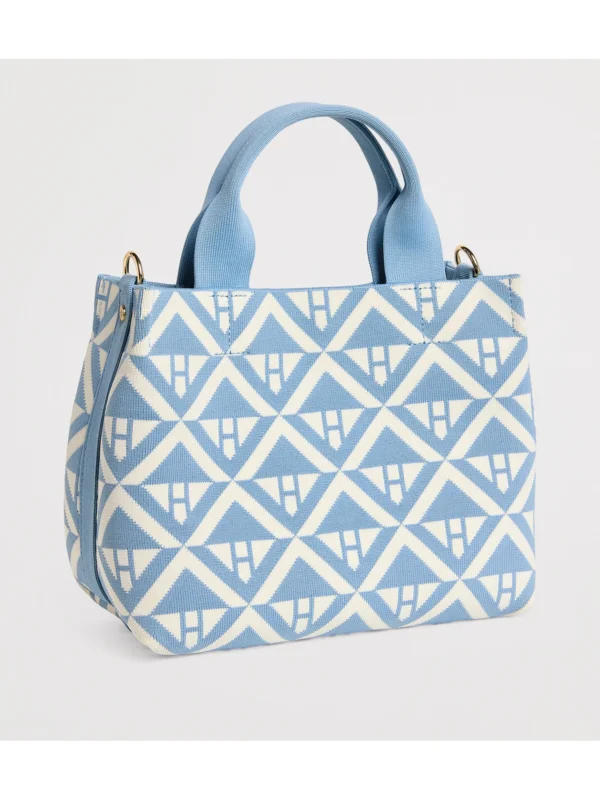 Harrods 粉藍色手提包側面展示與雙提把細節