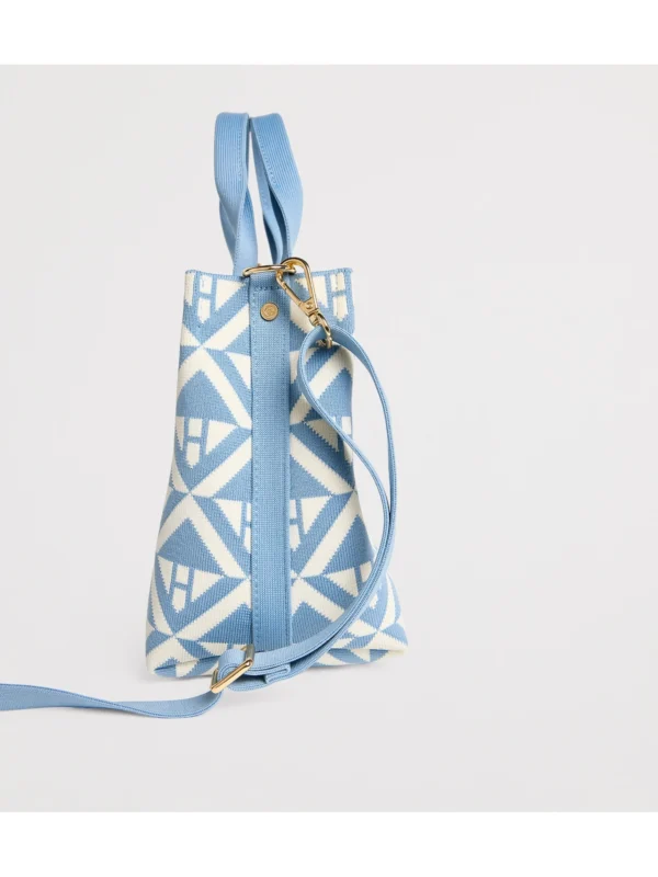 Harrods 粉藍色手提包側面展示與雙提把細節