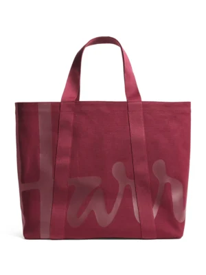 Harrods 酒紅色 16 盎司重磅帆布托特包正面全貌與經典白色品牌 Logo