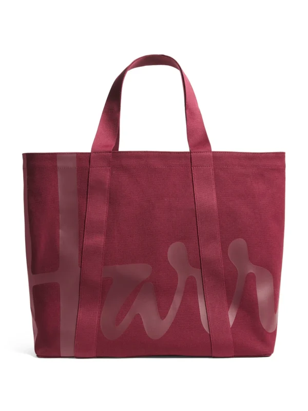 Harrods 酒紅色 16 盎司重磅帆布托特包正面全貌與經典白色品牌 Logo