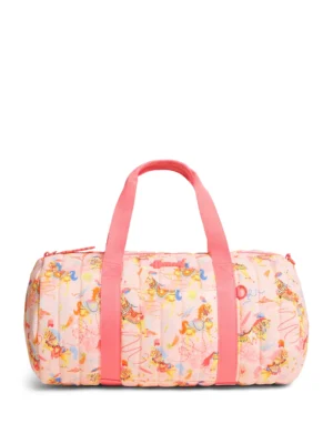 Harrods 粉紅小馬遊行印花旅行袋正面，展示經典菱格紋絎縫工藝與大容量設計