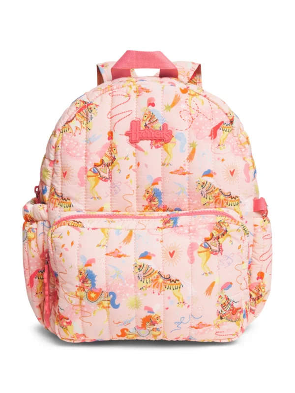 Harrods 粉紅滿版小馬遊行印花輕量尼龍後背包正面全貌
