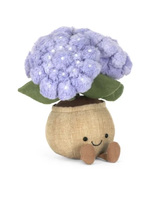 Jellycat 繡球花絨毛娃娃細節,展示粉紫色蓬鬆花瓣、綠色縄絨葉片與亞麻花盆的多樣觸感