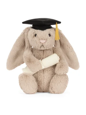 JCDB2610004-83_1 Bashful Bunny Graduation Outfit (31cm) Jellycat 害羞兔畢業服絨毛娃娃 31cm 正面,頭戴學士帽手握捲軸造型