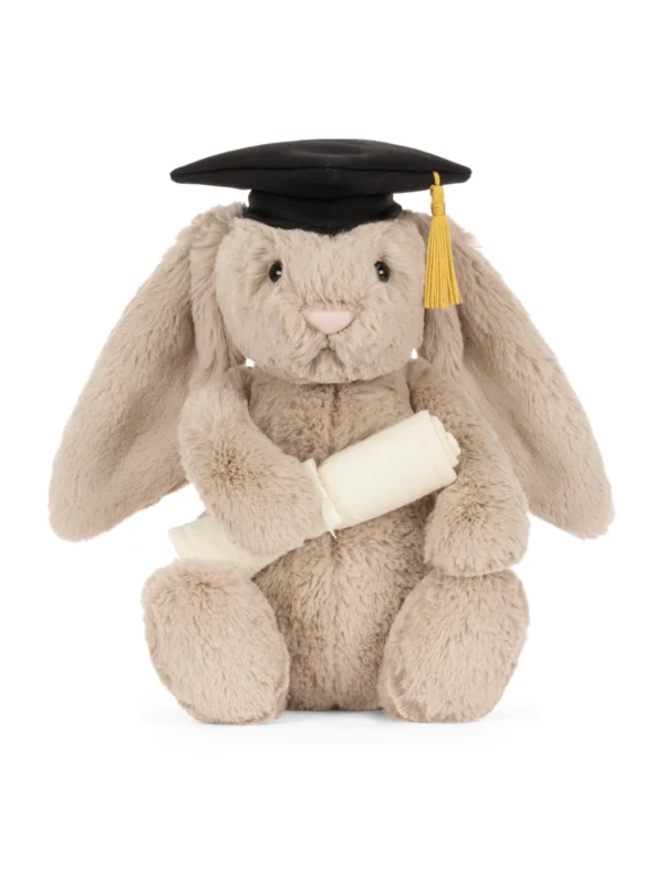 JCDB2610004-83_1 Bashful Bunny Graduation Outfit (31cm) Jellycat 害羞兔畢業服絨毛娃娃 31cm 正面,頭戴學士帽手握捲軸造型