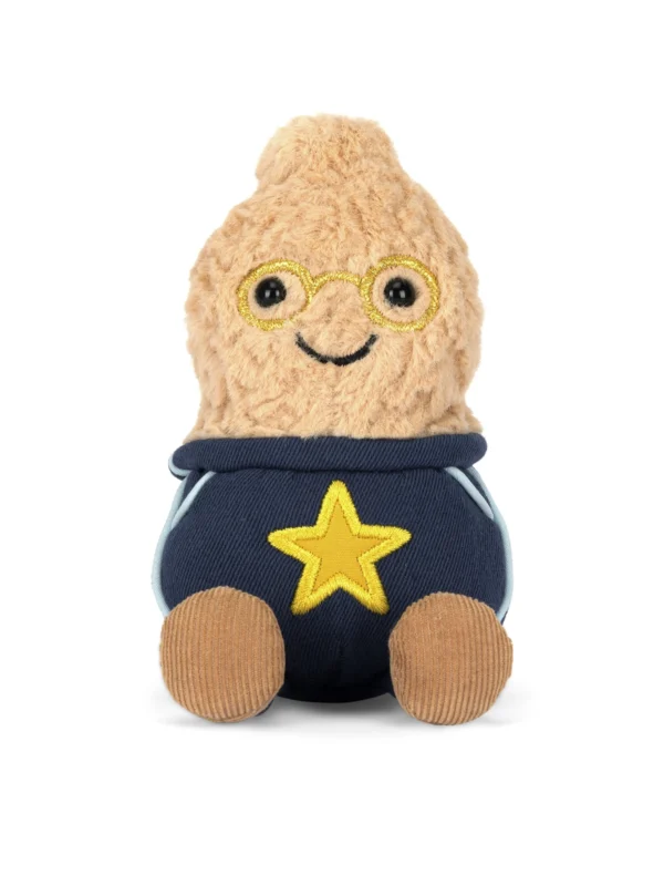 JCDB2610005-81 Amuseables Peanut Star Student Outfit (15cm)_1 Jellycat 花生模範生絨毛娃娃 15cm 正面,戴著金框眼鏡與黃色星星的可愛造型