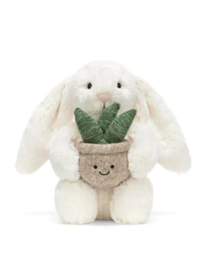 JCDB2610006-00 Cream Bunny with Plant (31cm)_1 Jellycat 奶油兔與多肉植物絨毛娃娃 31cm 正面,經典白兔捧著微笑花盆造型