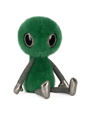 側面視角的 Jellycat Zyllan 外星人娃娃,凸顯其閃亮的金屬光澤手腳與精緻立體剪裁