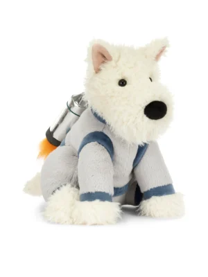 Jellycat 蘇格蘭梗犬太空服娃娃側面細節,展示背部帶有橘色絨毛火焰的噴射背包設計