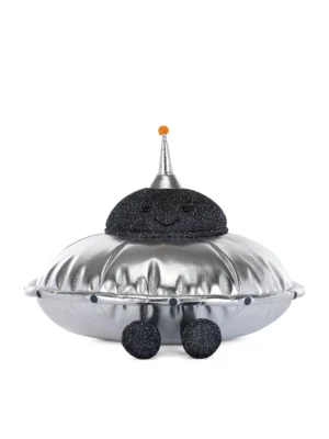 JCDB2610013-90 Amuseables Jellysaucer (23cm)_1 Jellycat UFO 酷炫幽浮飛碟娃娃正面特寫,閃亮銀色外殼與招牌微笑表情