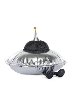 英國 Jellycat 幽浮飛碟造型絨毛玩偶側面,展示立體銀色天線與柔軟材質