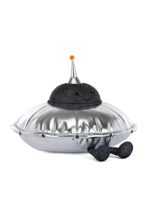 英國 Jellycat 幽浮飛碟造型絨毛玩偶側面，展示立體銀色天線與柔軟材質