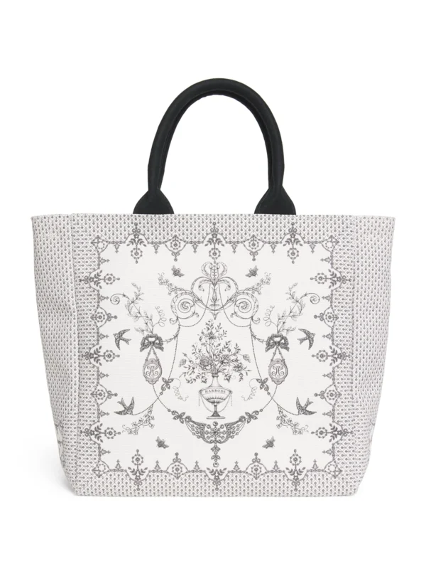 HARRODS Grab Lace Print Tote Bag_1 英國正品 Harrods 蕾絲印花手提袋正面展示 - 復古花卉與動物圖騰純棉購物袋