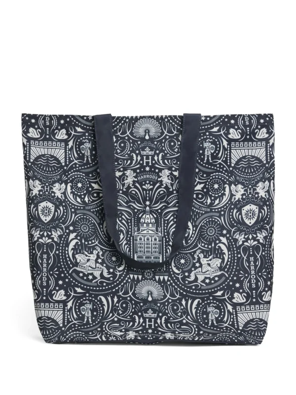 HARRODS Knights of Brompton Pocket Shopper Bag_1 英國正品 Harrods 布朗普頓騎士團環保購物袋藍色展開正面,大容量雙提把設計