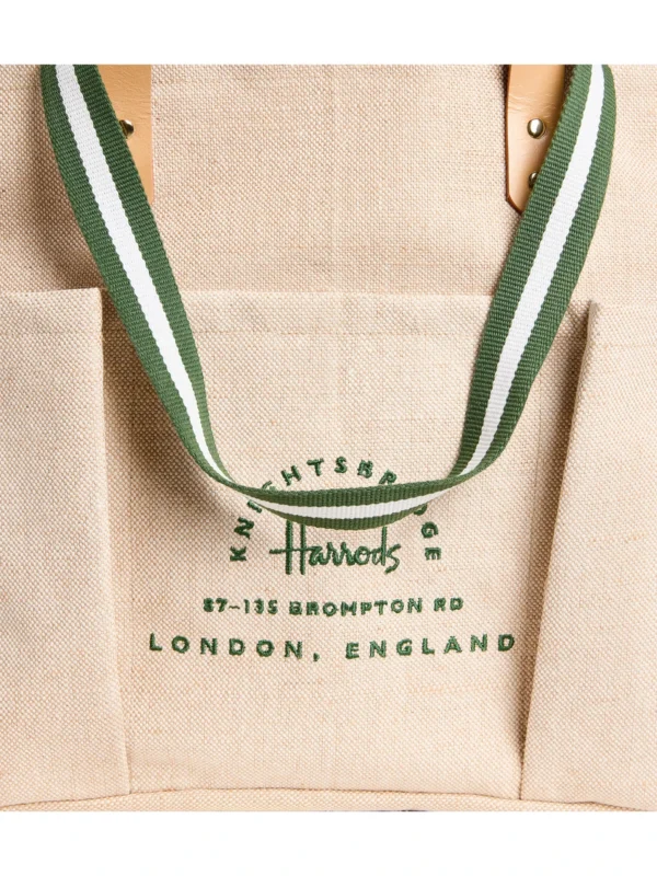 Harrods 黃麻花園手提袋內部大容量空間與隔層，方便生鮮與雜物分類收納