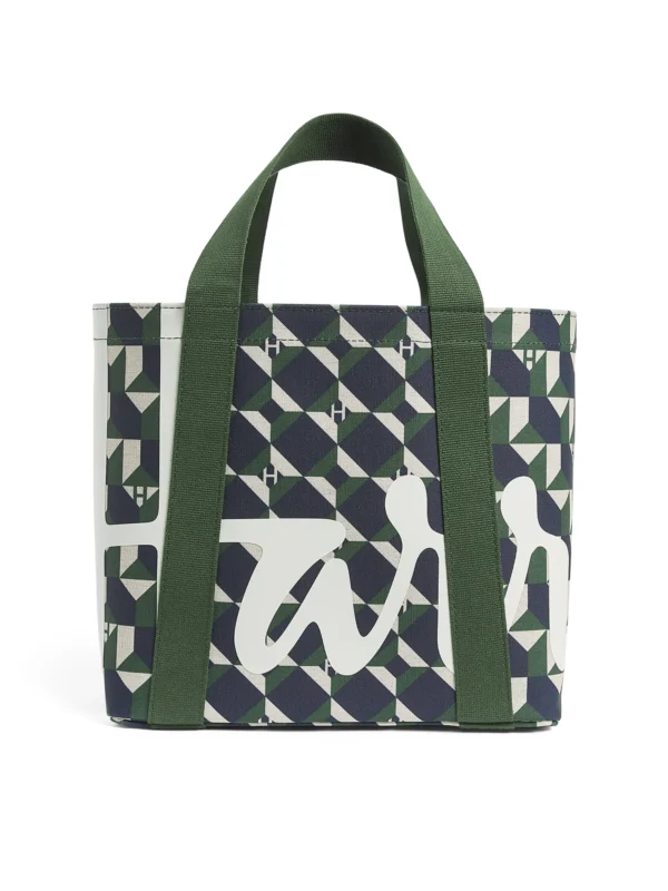 HARRODS Mini Cotton Geometric Logo Tote Bag_1 英國正品 Harrods 重磅帆布幾何圖案 Logo 手提包正面展示 - 亮眼綠色英倫購物袋