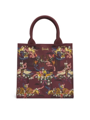 英國正品 Harrods 傳統皇家標誌圖案手提袋正面展示 - 優雅酒紅色純棉購物袋