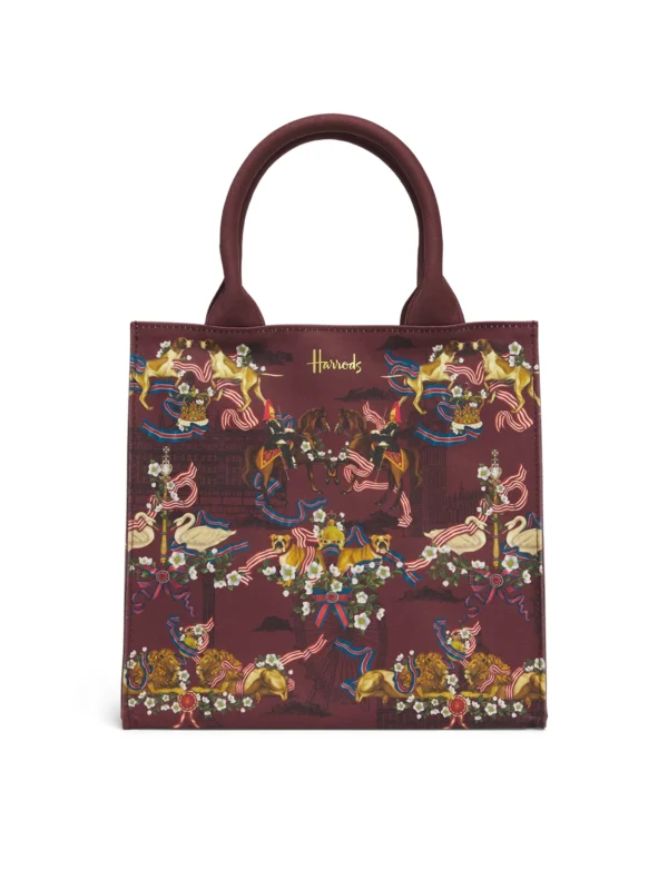 英國正品 Harrods 傳統皇家標誌圖案手提袋正面展示 - 優雅酒紅色純棉購物袋