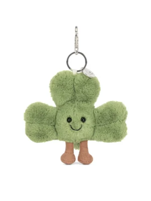 Jellycat Amuseables Siofra 三葉草鑰匙圈吊飾正面照 - 擁有療癒笑容與燈芯絨靴子的幸運包包配件