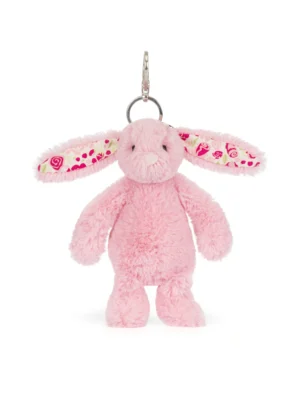 Jellycat 腮紅粉花兔子鑰匙圈吊飾正面照 - 擁有療癒粉紅絨毛與精緻花朵耳朵的包包配件